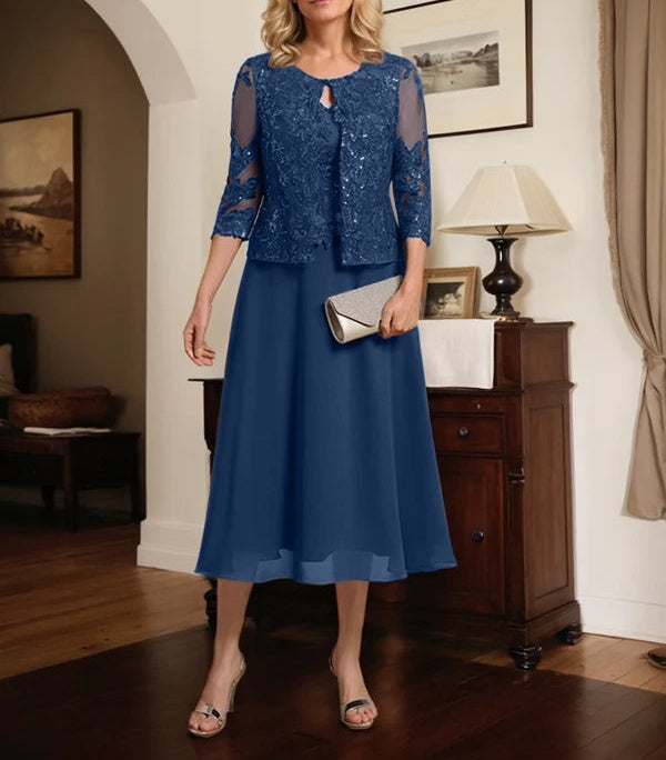 A-line Scoop Tea-Length Lace Chiffon Mother of the Bride Dress With Sequins