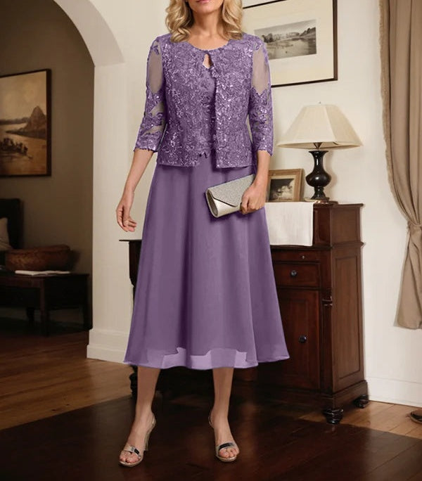 A-line Scoop Tea-Length Lace Chiffon Mother of the Bride Dress With Sequins