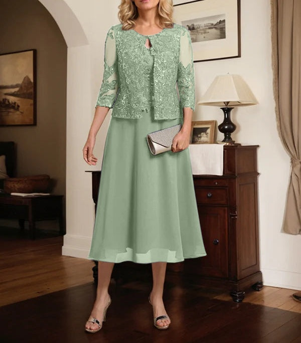 A-line Scoop Tea-Length Lace Chiffon Mother of the Bride Dress With Sequins