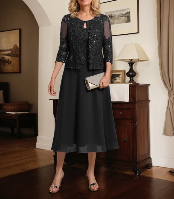 A-line Scoop Tea-Length Lace Chiffon Mother of the Bride Dress With Sequins