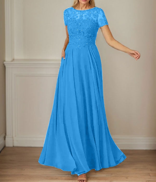 Dark Navy A-Line Boatneck Sequins Chiffon Dress