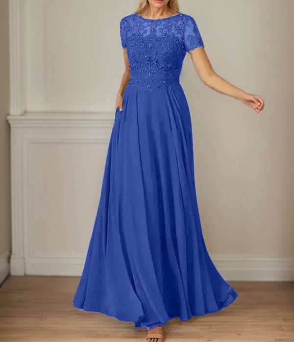 Dark Navy A-Line Boatneck Sequins Chiffon Dress