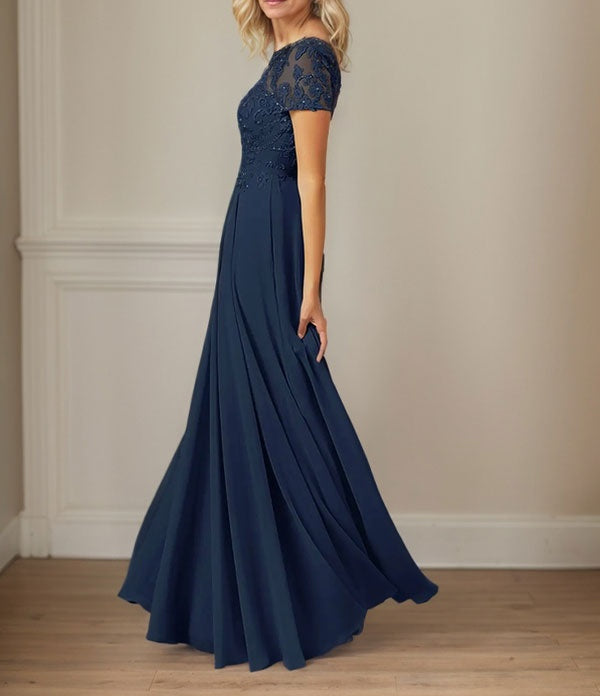 Dark Navy A-Line Boatneck Sequins Chiffon Dress