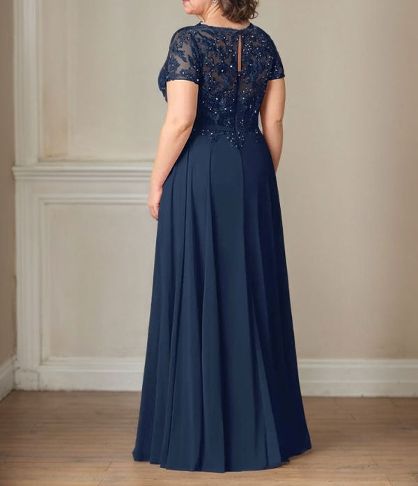 Dark Navy A-Line Boatneck Sequins Chiffon Dress