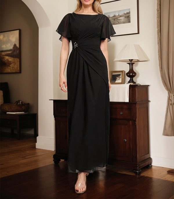 A-line Scoop Ankle-Length Chiffon Mother of the Bride Dress With Beading Pleated