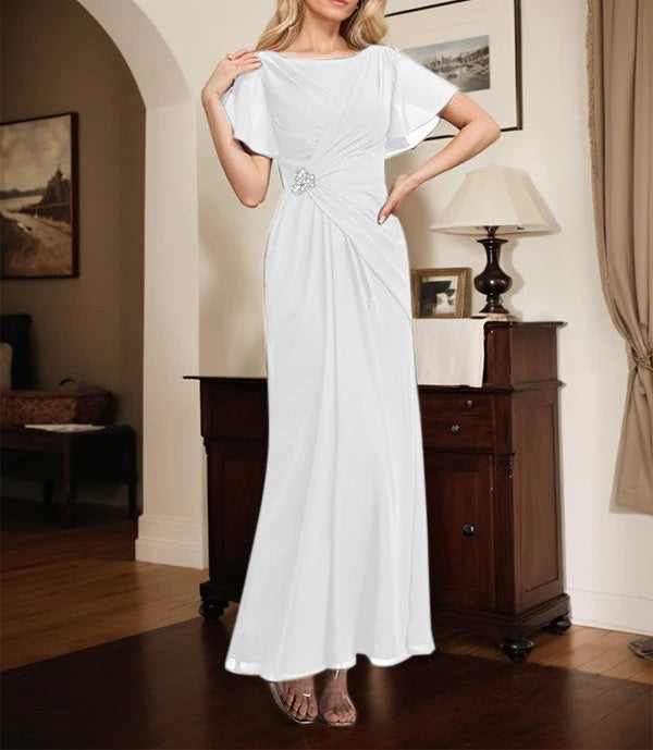 A-line Scoop Ankle-Length Chiffon Mother of the Bride Dress With Beading Pleated