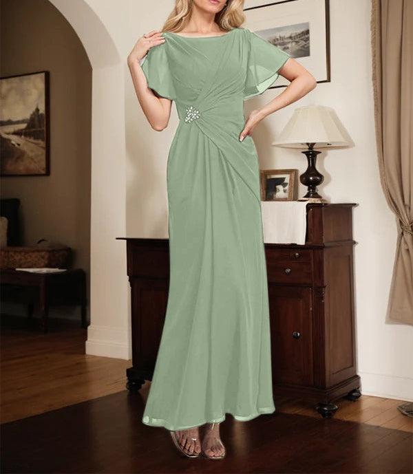 A-line Scoop Ankle-Length Chiffon Mother of the Bride Dress With Beading Pleated