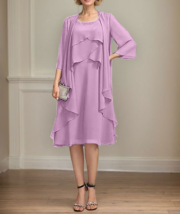 A-line Scoop Knee-Length Chiffon Mother of the Bride Dress With Beading