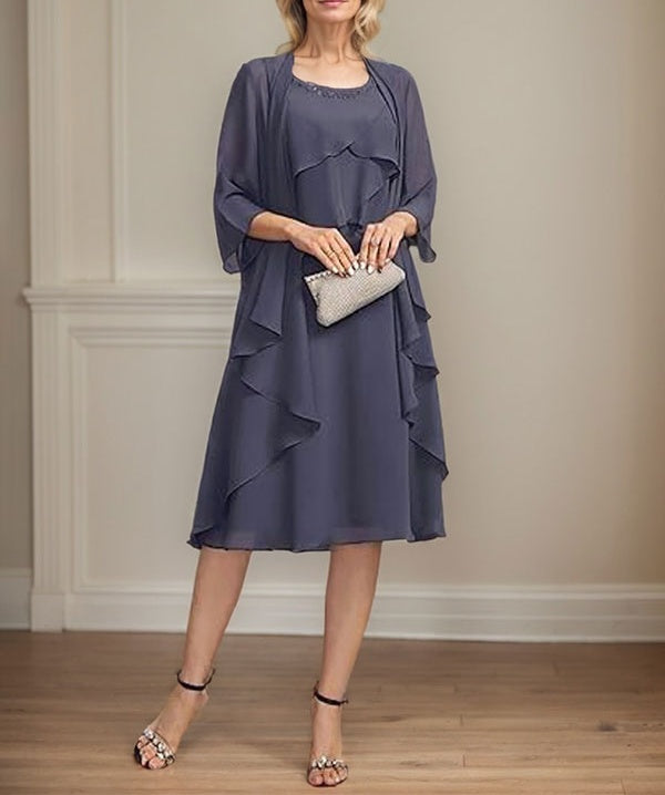 A-line Scoop Knee-Length Chiffon Mother of the Bride Dress With Beading