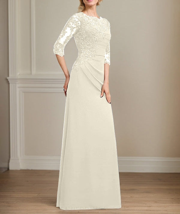 A-line Scoop Floor-Length Chiffon Lace Mother of the Bride Dress With Beading Pleated Sequins