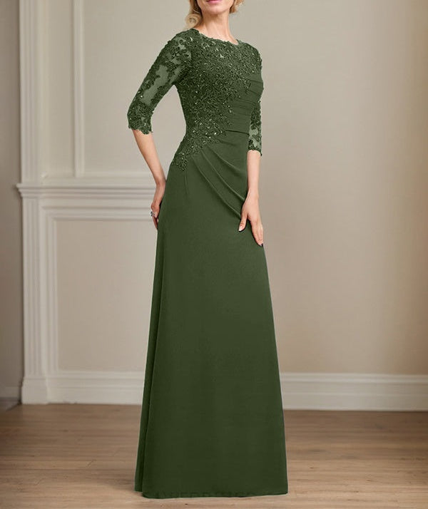 A-line Scoop Floor-Length Chiffon Lace Mother of the Bride Dress With Beading Pleated Sequins