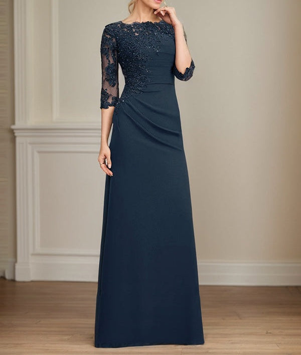 A-line Scoop Floor-Length Chiffon Lace Mother of the Bride Dress With Beading Pleated Sequins