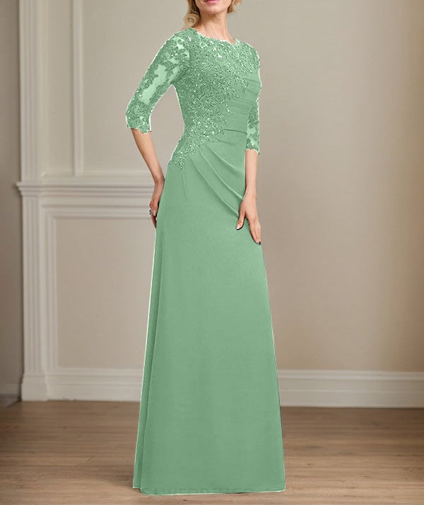 A-line Scoop Floor-Length Chiffon Lace Mother of the Bride Dress With Beading Pleated Sequins