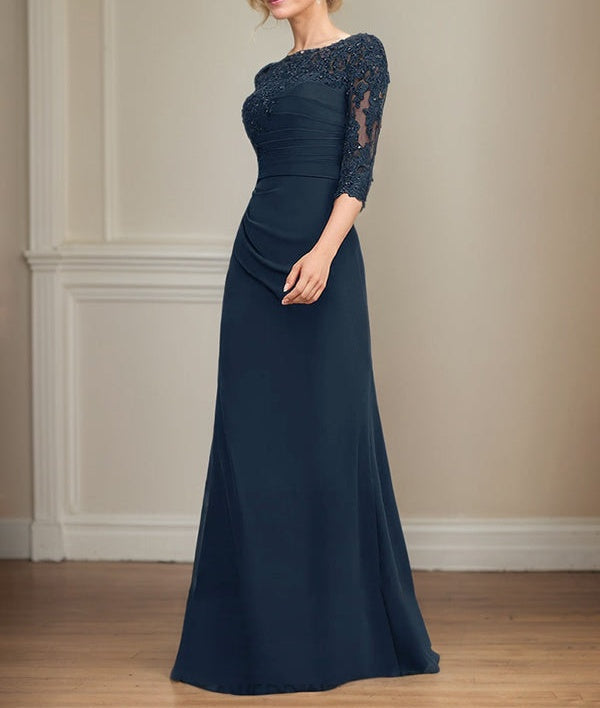A-line Scoop Floor-Length Chiffon Lace Mother of the Bride Dress With Beading Pleated Sequins