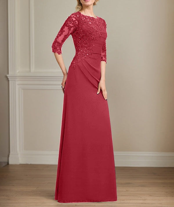 A-line Scoop Floor-Length Chiffon Lace Mother of the Bride Dress With Beading Pleated Sequins