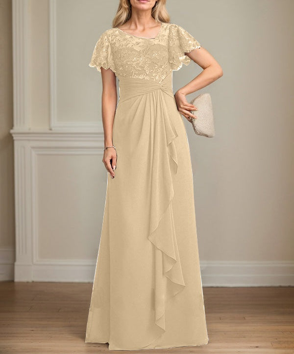 A-line Asymmetrical Illusion Floor-Length Lace Chiffon Mother of the Bride Dress With Cascading Ruffles Sequins