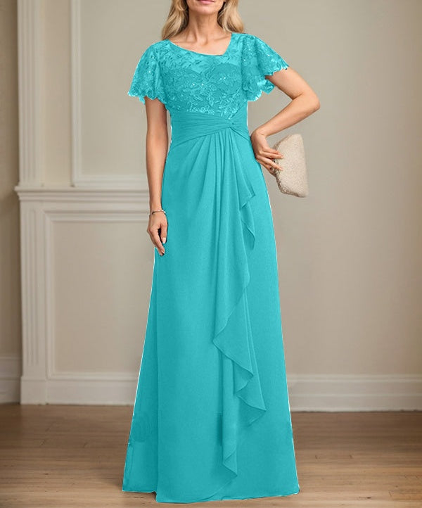 A-line Asymmetrical Illusion Floor-Length Lace Chiffon Mother of the Bride Dress With Cascading Ruffles Sequins