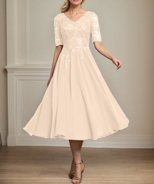 A-line V-Neck Tea-Length Lace Chiffon Mother of the Bride Dress With Sequins