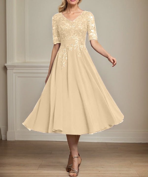 A-line V-Neck Tea-Length Lace Chiffon Mother of the Bride Dress With Sequins