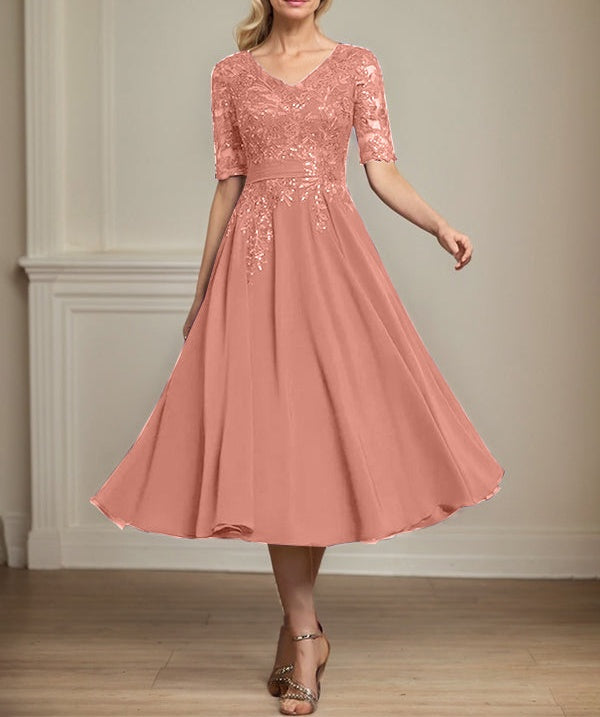A-line V-Neck Tea-Length Lace Chiffon Mother of the Bride Dress With Sequins