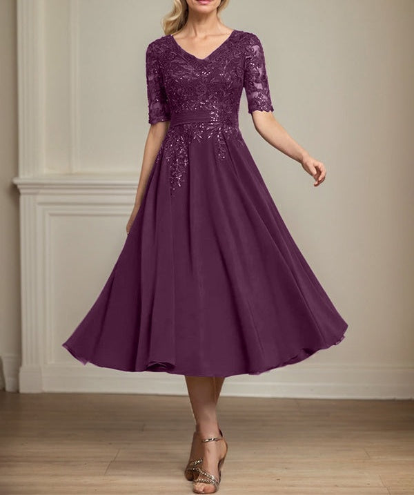 A-line V-Neck Tea-Length Lace Chiffon Mother of the Bride Dress With Sequins