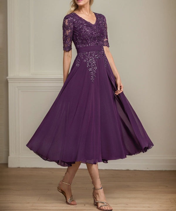 A-line V-Neck Tea-Length Lace Chiffon Mother of the Bride Dress With Sequins