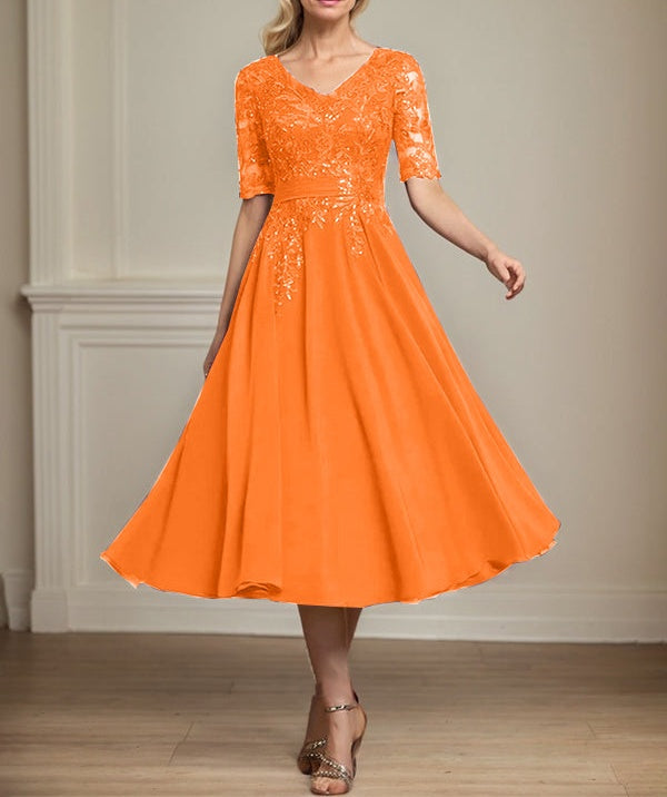 A-line V-Neck Tea-Length Lace Chiffon Mother of the Bride Dress With Sequins
