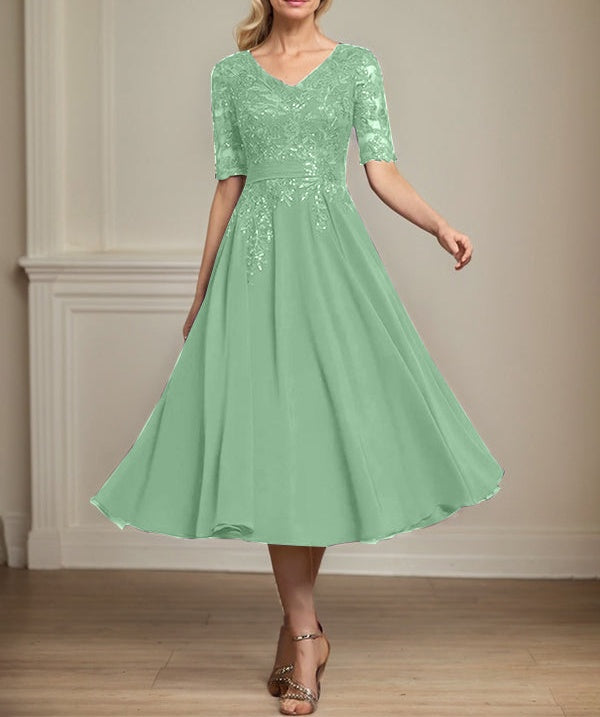 A-line V-Neck Tea-Length Lace Chiffon Mother of the Bride Dress With Sequins