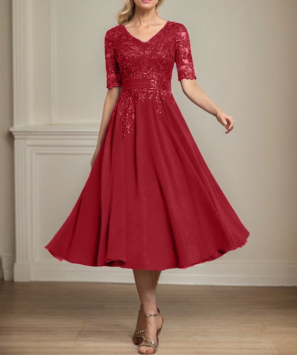 A-line V-Neck Tea-Length Lace Chiffon Mother of the Bride Dress With Sequins