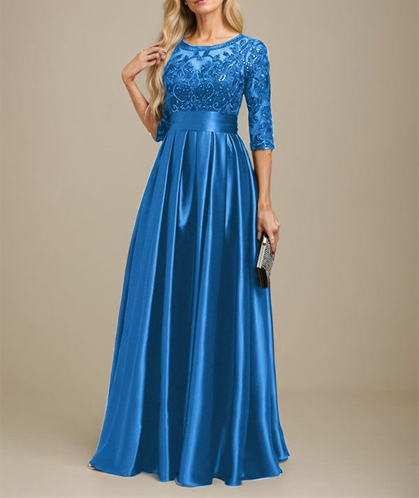 A-line Scoop Illusion Floor-Length Stretch Satin Lace Mother of the Bride Dress With Bow Sequins