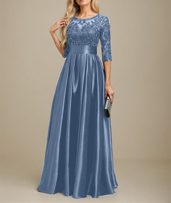 A-line Scoop Illusion Floor-Length Stretch Satin Lace Mother of the Bride Dress With Bow Sequins