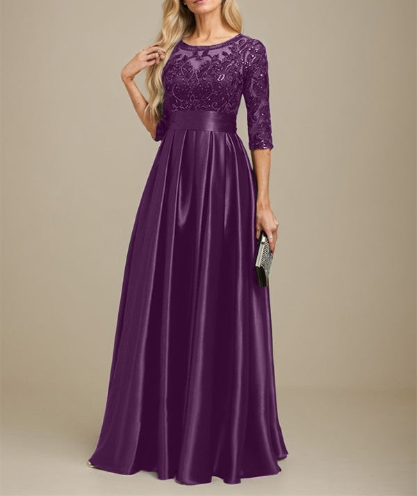 A-line Scoop Illusion Floor-Length Stretch Satin Lace Mother of the Bride Dress With Bow Sequins