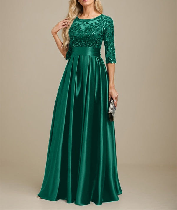 A-line Scoop Illusion Floor-Length Stretch Satin Lace Mother of the Bride Dress With Bow Sequins