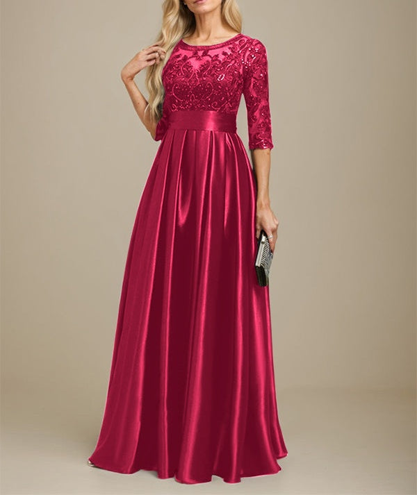 A-line Scoop Illusion Floor-Length Stretch Satin Lace Mother of the Bride Dress With Bow Sequins