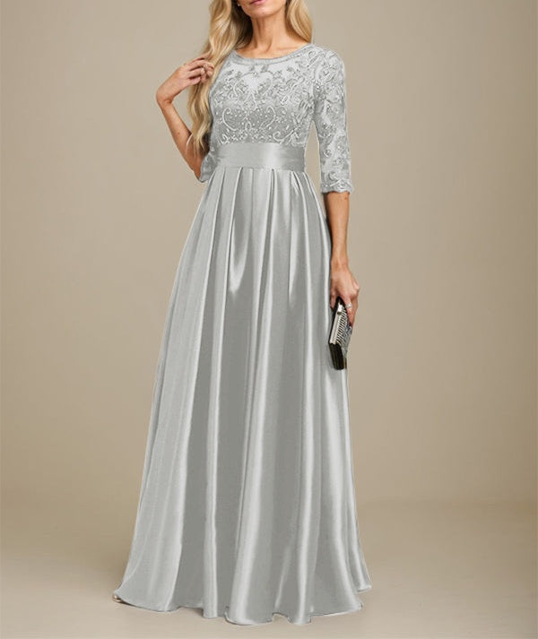 A-line Scoop Illusion Floor-Length Stretch Satin Lace Mother of the Bride Dress With Bow Sequins
