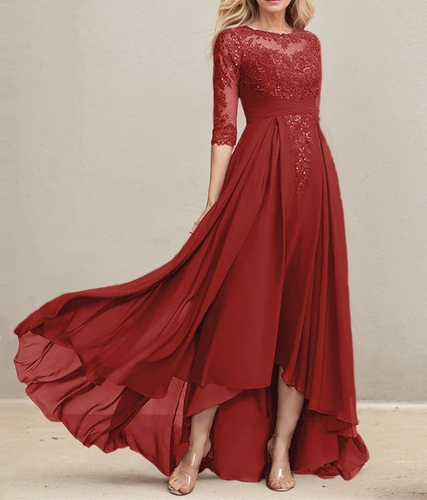 A-line Scoop Illusion Asymmetrical Lace Chiffon Mother of the Bride Dress With Pleated Sequins