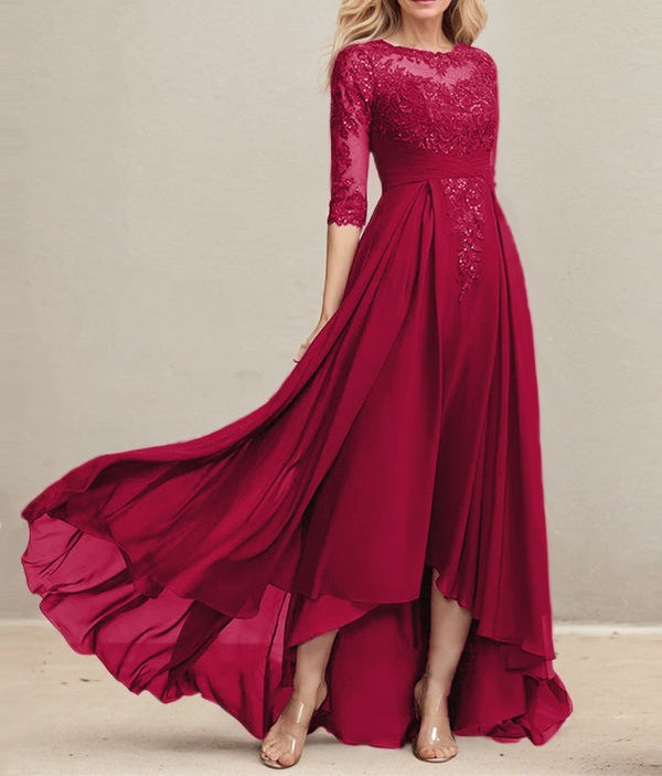 A-line Scoop Illusion Asymmetrical Lace Chiffon Mother of the Bride Dress With Pleated Sequins