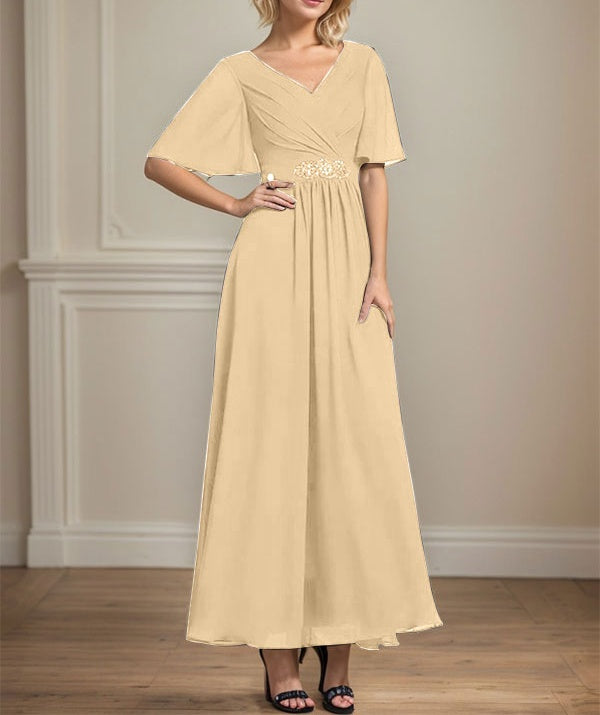 A-line V-Neck Ankle-Length Chiffon Mother of the Bride Dress With Pleated Beading Sequins