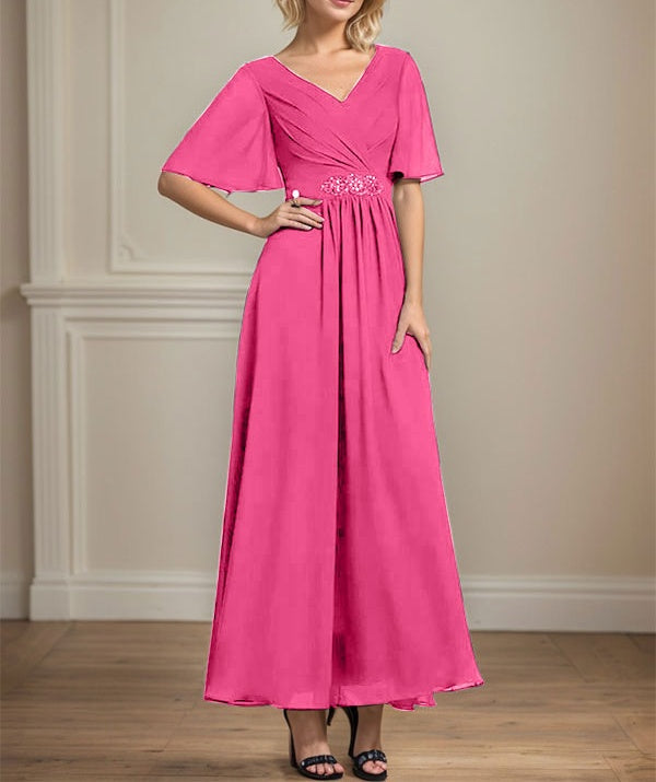 A-line V-Neck Ankle-Length Chiffon Mother of the Bride Dress With Pleated Beading Sequins