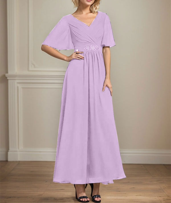 A-line V-Neck Ankle-Length Chiffon Mother of the Bride Dress With Pleated Beading Sequins