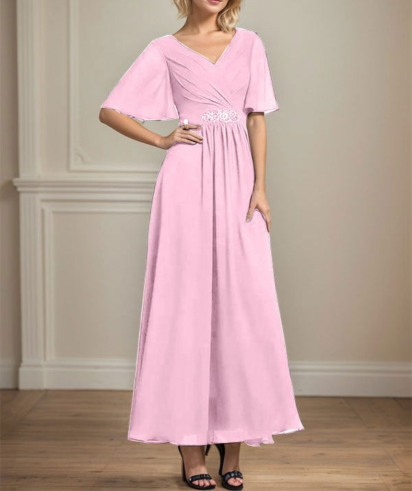 A-line V-Neck Ankle-Length Chiffon Mother of the Bride Dress With Pleated Beading Sequins