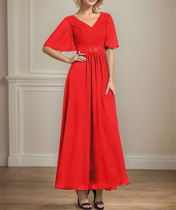 A-line V-Neck Ankle-Length Chiffon Mother of the Bride Dress With Pleated Beading Sequins