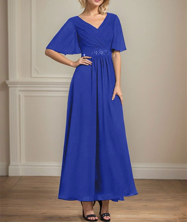A-line V-Neck Ankle-Length Chiffon Mother of the Bride Dress With Pleated Beading Sequins