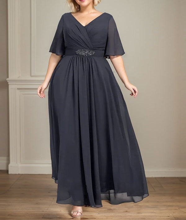 A-line V-Neck Ankle-Length Chiffon Mother of the Bride Dress With Pleated Beading Sequins