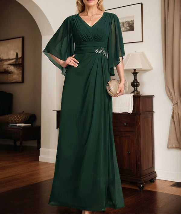 Sheath/Column V-Neck Floor-Length Chiffon Mother of the Bride Dress With Pleated Sequins Beading