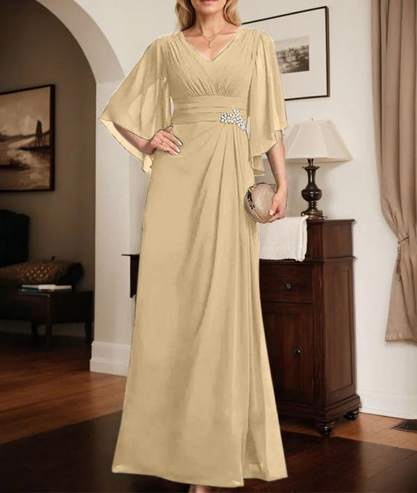 Sheath/Column V-Neck Floor-Length Chiffon Mother of the Bride Dress With Pleated Sequins Beading