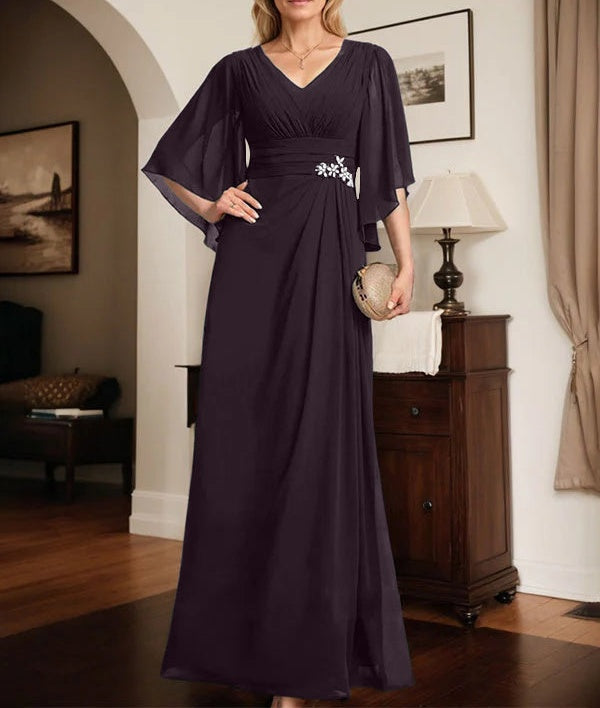 Sheath/Column V-Neck Floor-Length Chiffon Mother of the Bride Dress With Pleated Sequins Beading