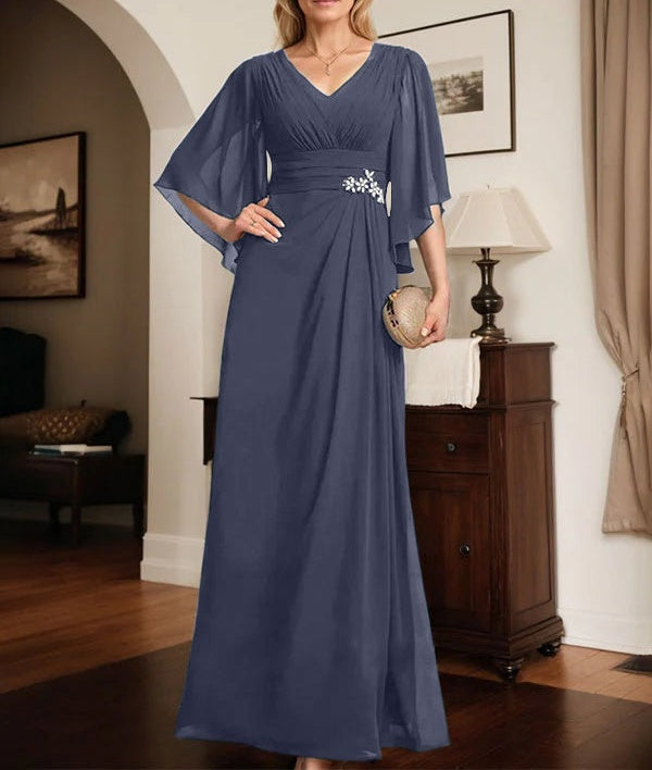 Sheath/Column V-Neck Floor-Length Chiffon Mother of the Bride Dress With Pleated Sequins Beading