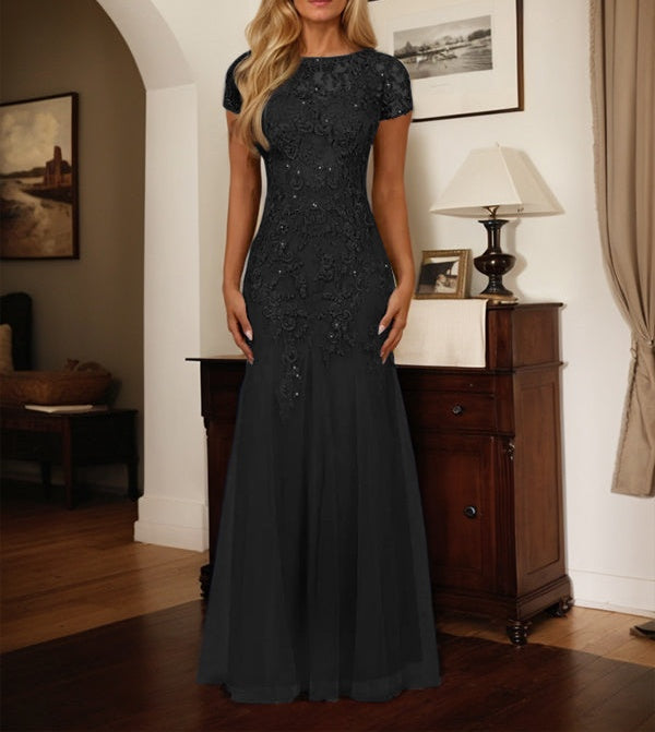 Dark Navy Mermaid Scoop Sequins Tulle Dress