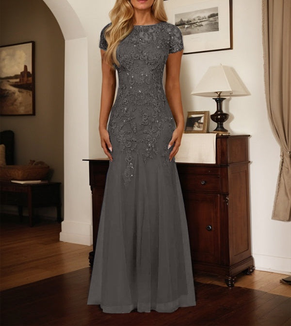 Dark Navy Mermaid Scoop Sequins Tulle Dress